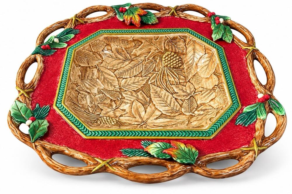 Fitz & Floyd Classics Large Holiday Serving Bowl 16” Leaf Pinecone Woodland